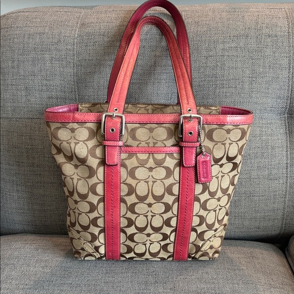 Coach Handbags - Coach Brown Signature Canvas Tote with Pink Trim